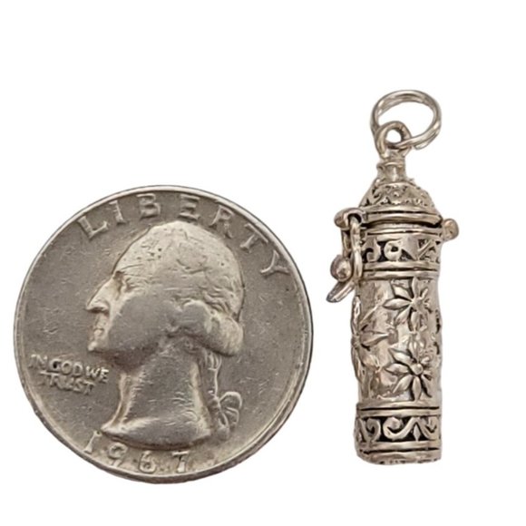 Sterling Silver Flower Hinged Latch Lid Prayer Box Tube Pendant, K853 - Picture 5 of 7